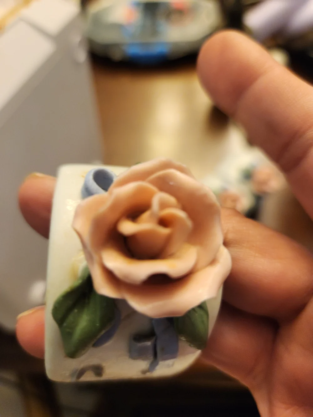 Source Unknown Porcelain Napkin Rings with Pink Roses and Blue Accents